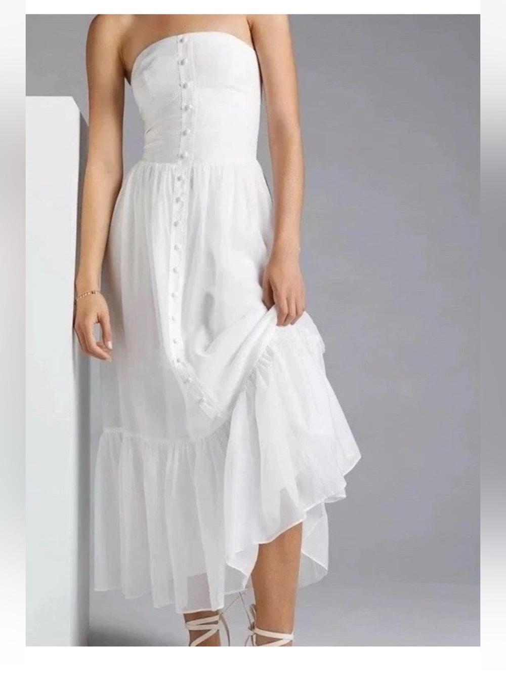 Anthropologie White Strapless Button-Front Midi Dress